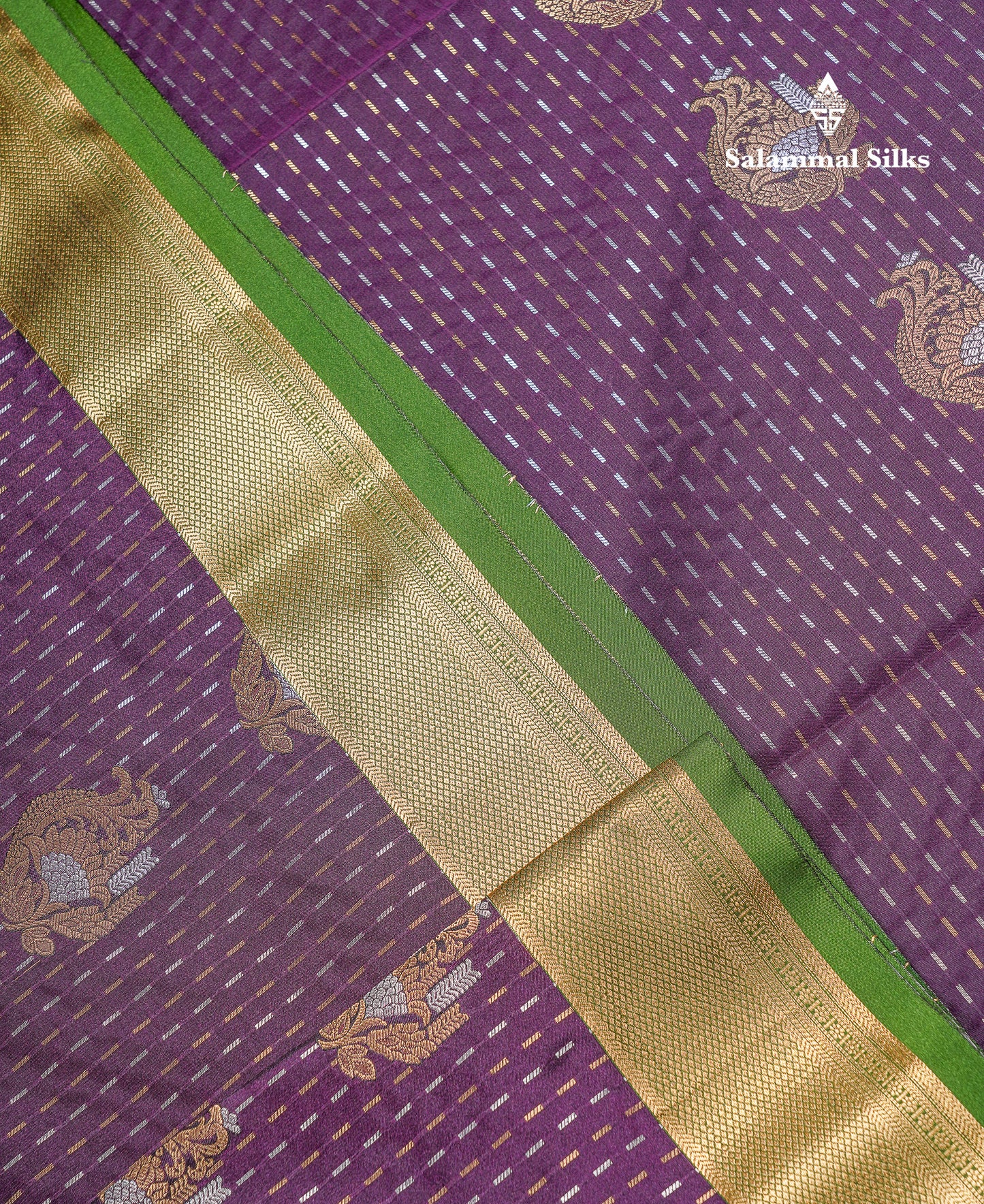 Beautiful Dark Violet Silver & Gold Zari Buttas Semi Silk Saree With Contrast Olive Green Traditional Pallaku Border