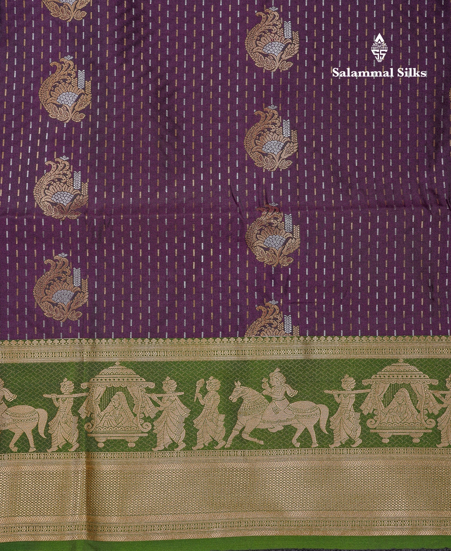 Beautiful Dark Violet Silver & Gold Zari Buttas Semi Silk Saree With Contrast Olive Green Traditional Pallaku Border