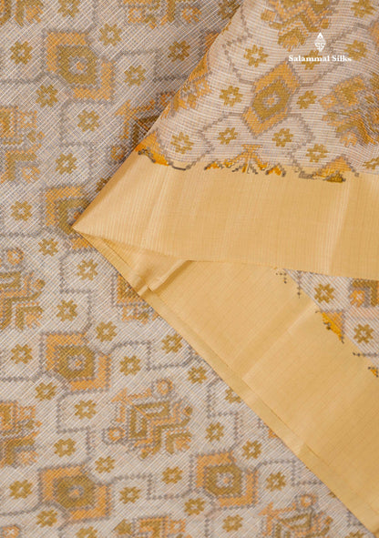 Kota Cotton Saree - Cream White Printed Along With Contrast Cream Sandal Plain Border