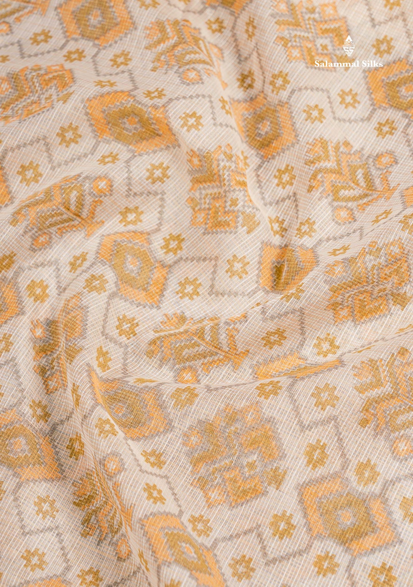 Kota Cotton Saree - Cream White Printed Along With Contrast Cream Sandal Plain Border