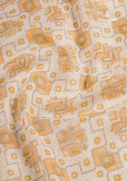 Kota Cotton Saree - Cream White Printed Along With Contrast Cream Sandal Plain Border
