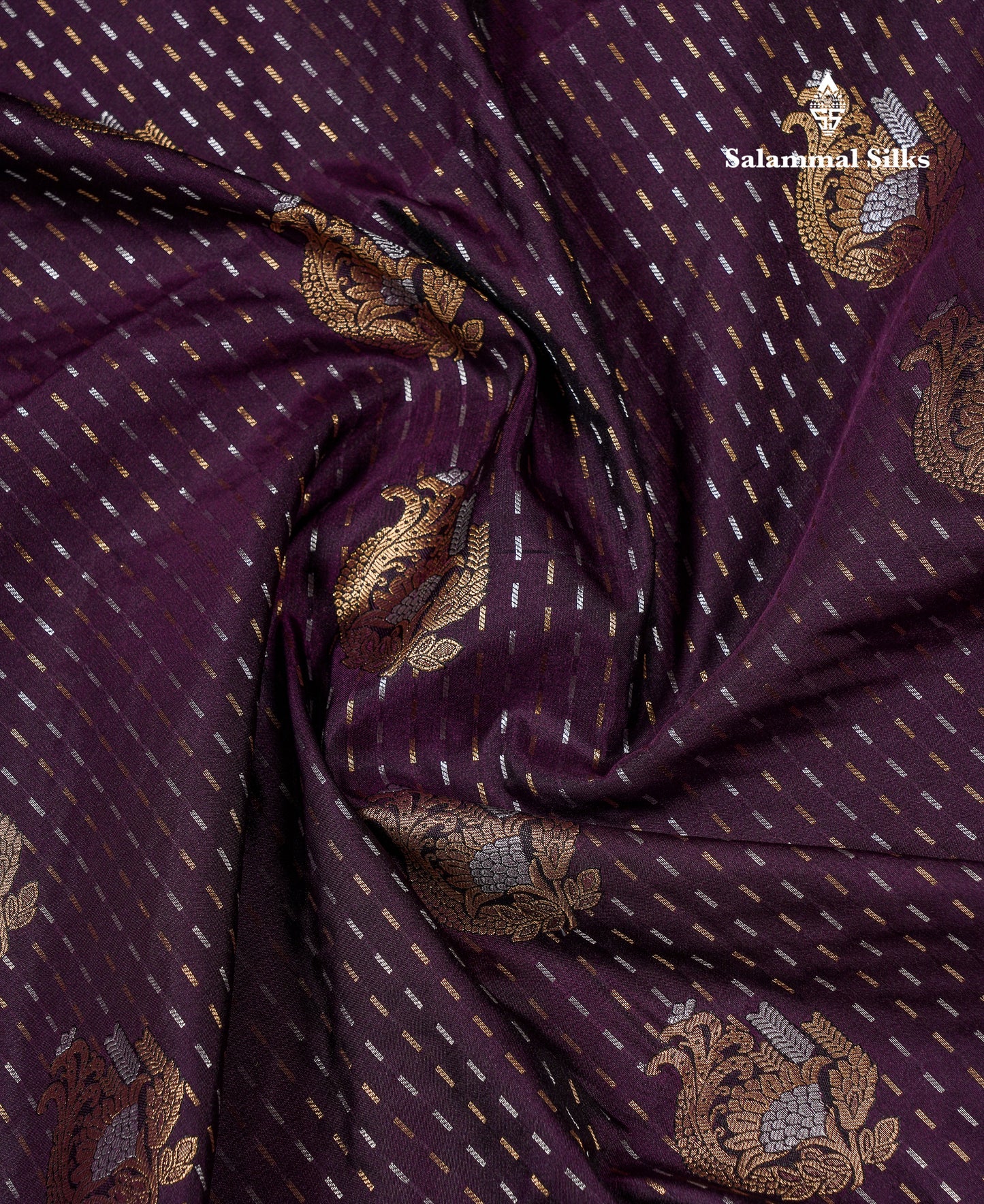 Beautiful Dark Violet Silver & Gold Zari Buttas Semi Silk Saree With Contrast Olive Green Traditional Pallaku Border