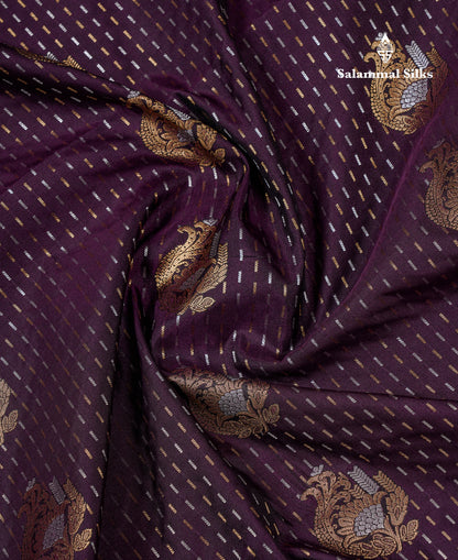 Beautiful Dark Violet Silver & Gold Zari Buttas Semi Silk Saree With Contrast Olive Green Traditional Pallaku Border