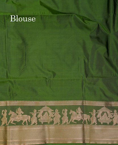 Beautiful Dark Violet Silver & Gold Zari Buttas Semi Silk Saree With Contrast Olive Green Traditional Pallaku Border