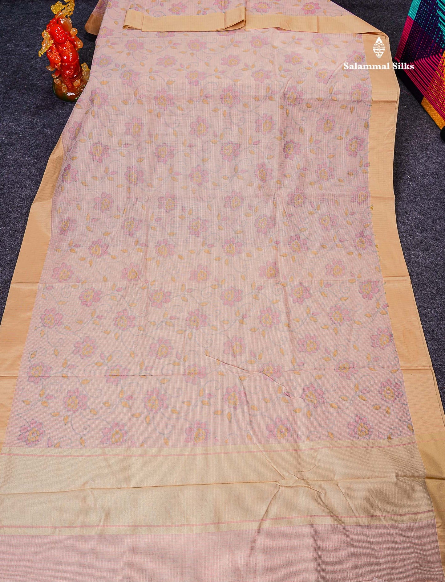 Kota Cotton Saree - Peach Printed Along With Contrast Sandal Plain Border