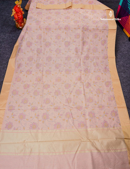 Kota Cotton Saree - Peach Printed Along With Contrast Sandal Plain Border