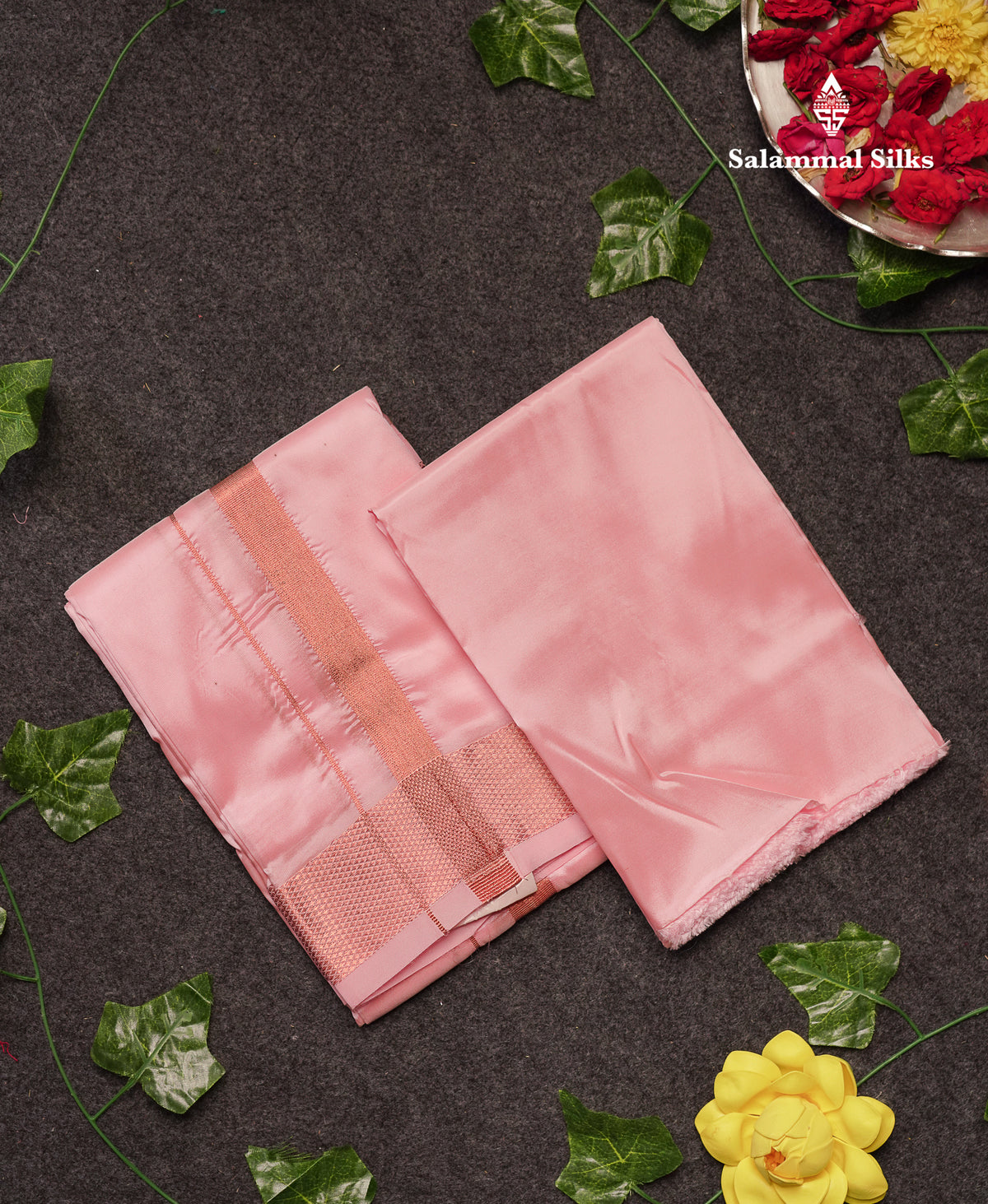 Light Pink Asha Mix Dhoti (8x4) Angavastram & Shirt (2.50M) with Copper Zari Border