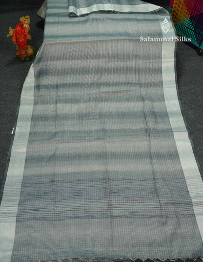 Beautiful Blueish Grey Linen Cotton Mix Saree With Fancy Tissue Border