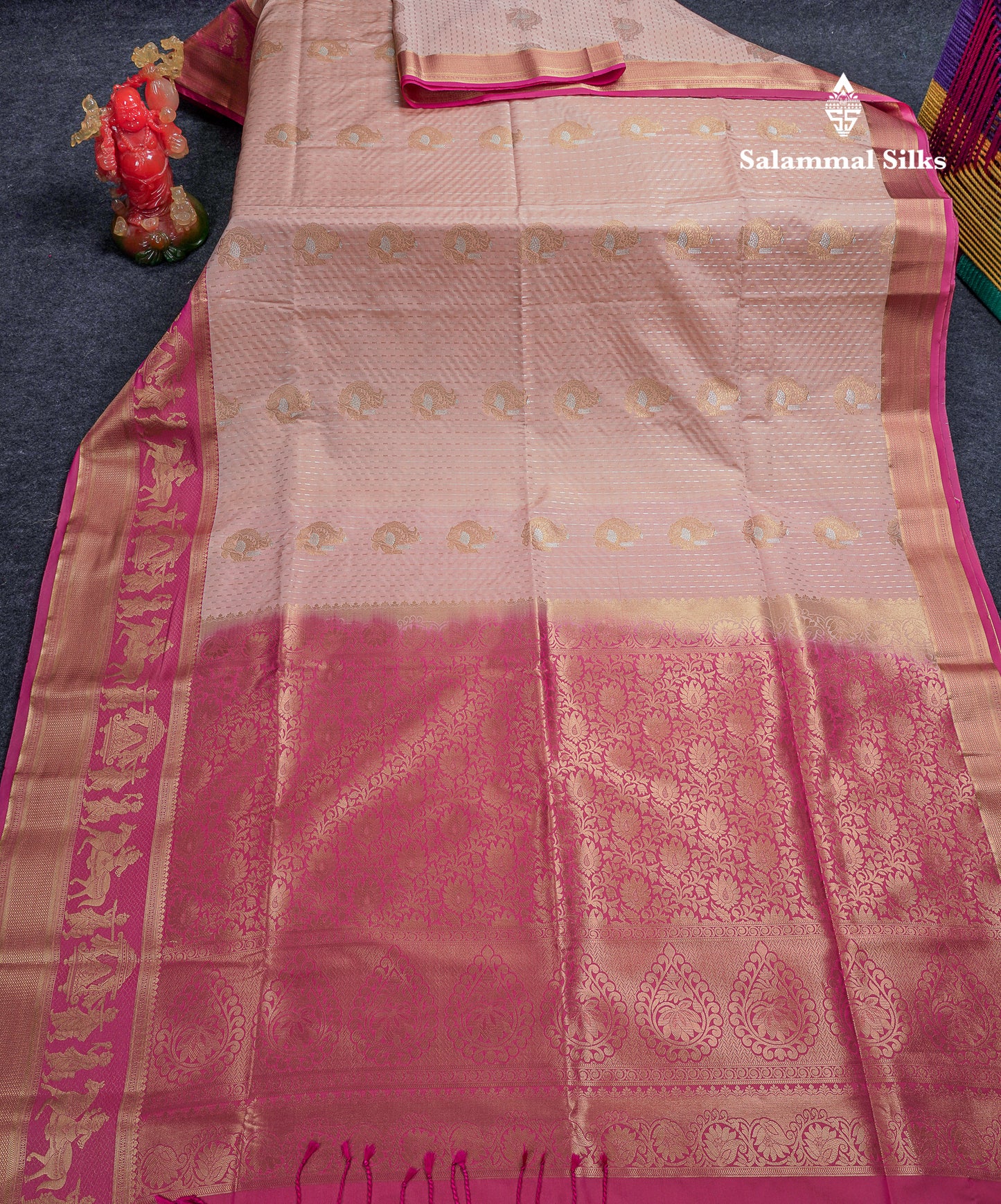 Beautiful Dark Violet Silver & Gold Zari Buttas Semi Silk Saree With Contrast Olive Green Traditional Pallaku Border