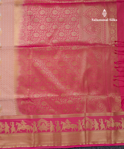 Beautiful Dark Violet Silver & Gold Zari Buttas Semi Silk Saree With Contrast Olive Green Traditional Pallaku Border
