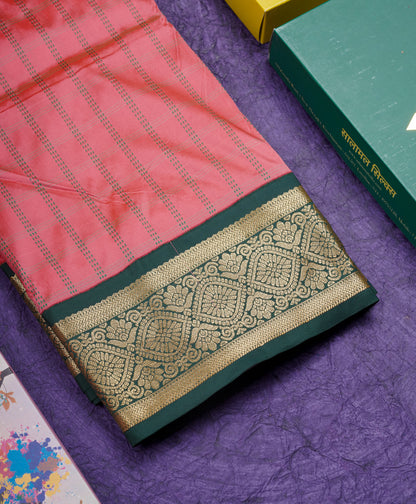 9 Yards Semi Silk Saree Peach Colour with Bottle Green Border