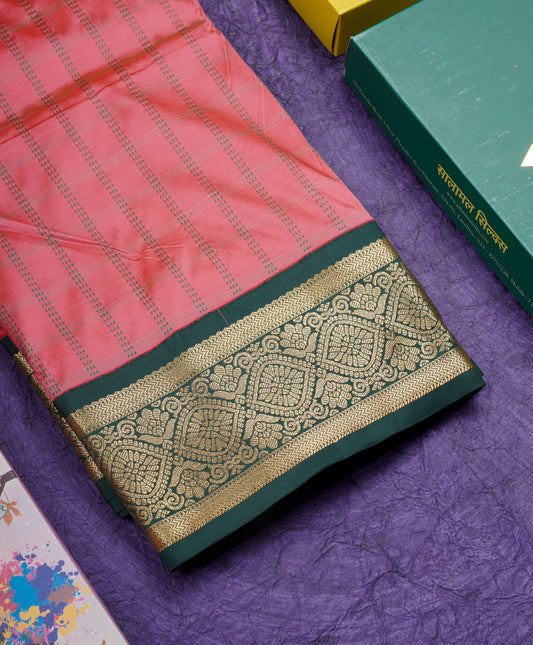 9 Yards Semi Silk Saree Peach Colour with Bottle Green Border