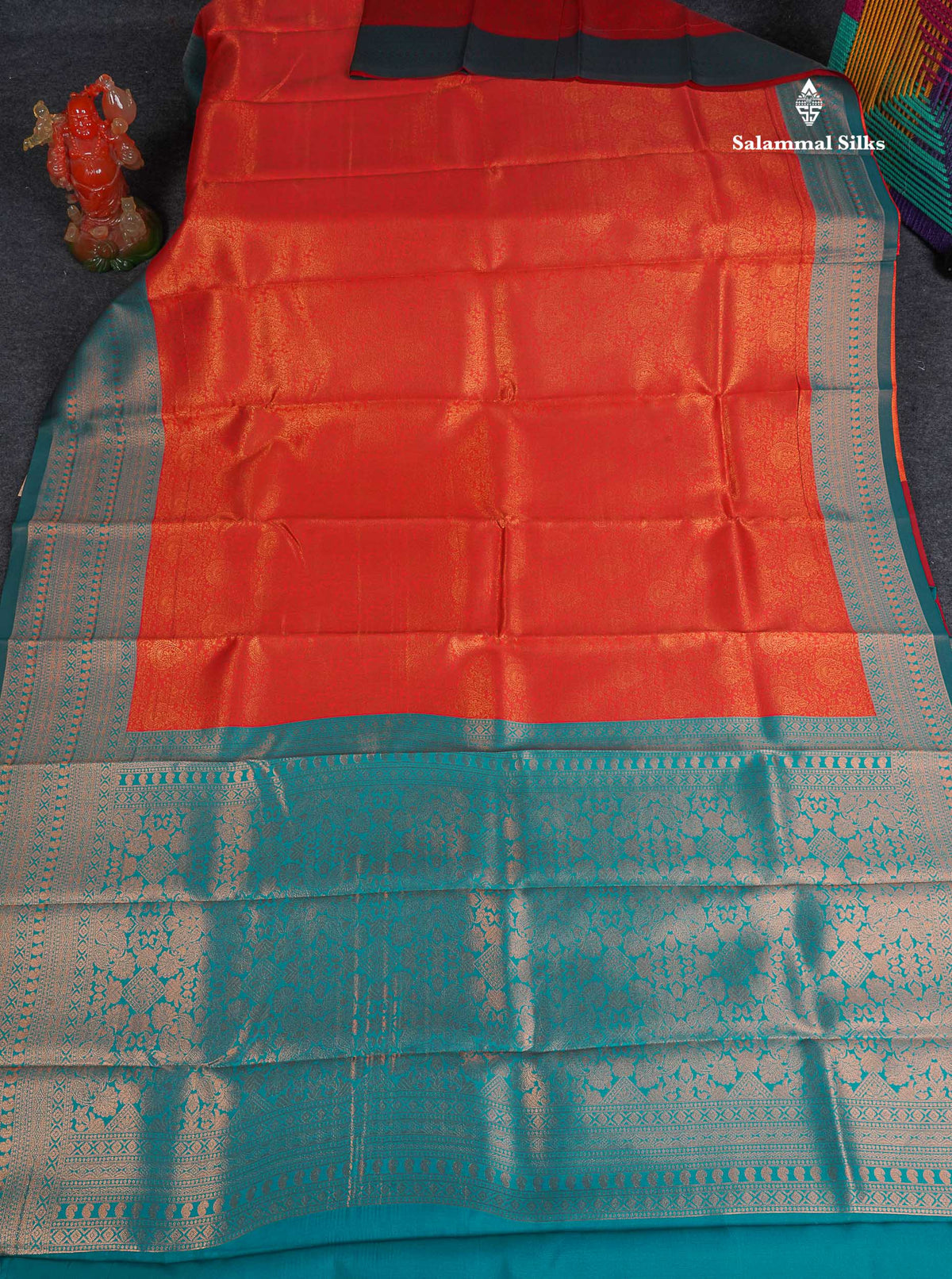 Semi Silk Saree - Orange Colour Body With Contrast Teal Green Evening Morning Border
