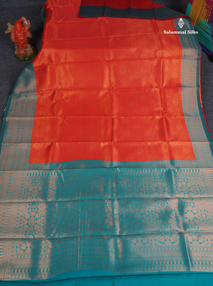 Semi Silk Saree - Orange Colour Body With Contrast Teal Green Evening Morning Border