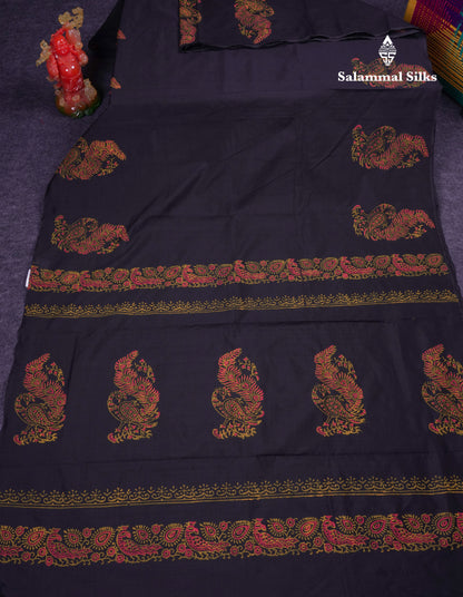 Beautiful Black South Cotton Printed Saree With Contrast Mustard Yellow Blouse
