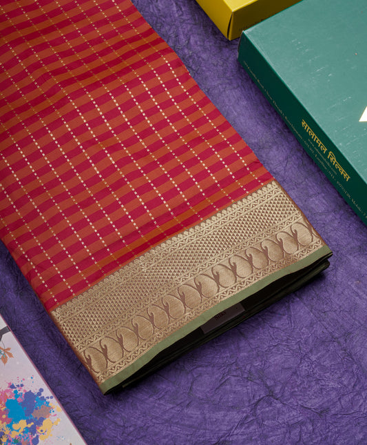 9 Yards Semi Silk Saree Maroon & Brown Colour with Green Border