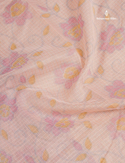 Kota Cotton Saree - Peach Printed Along With Contrast Sandal Plain Border