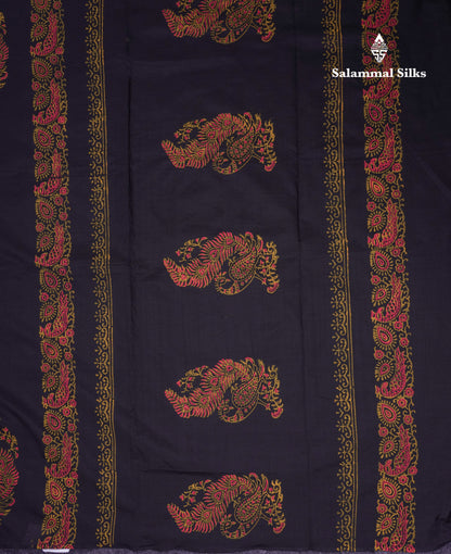 Beautiful Black South Cotton Printed Saree With Contrast Mustard Yellow Blouse