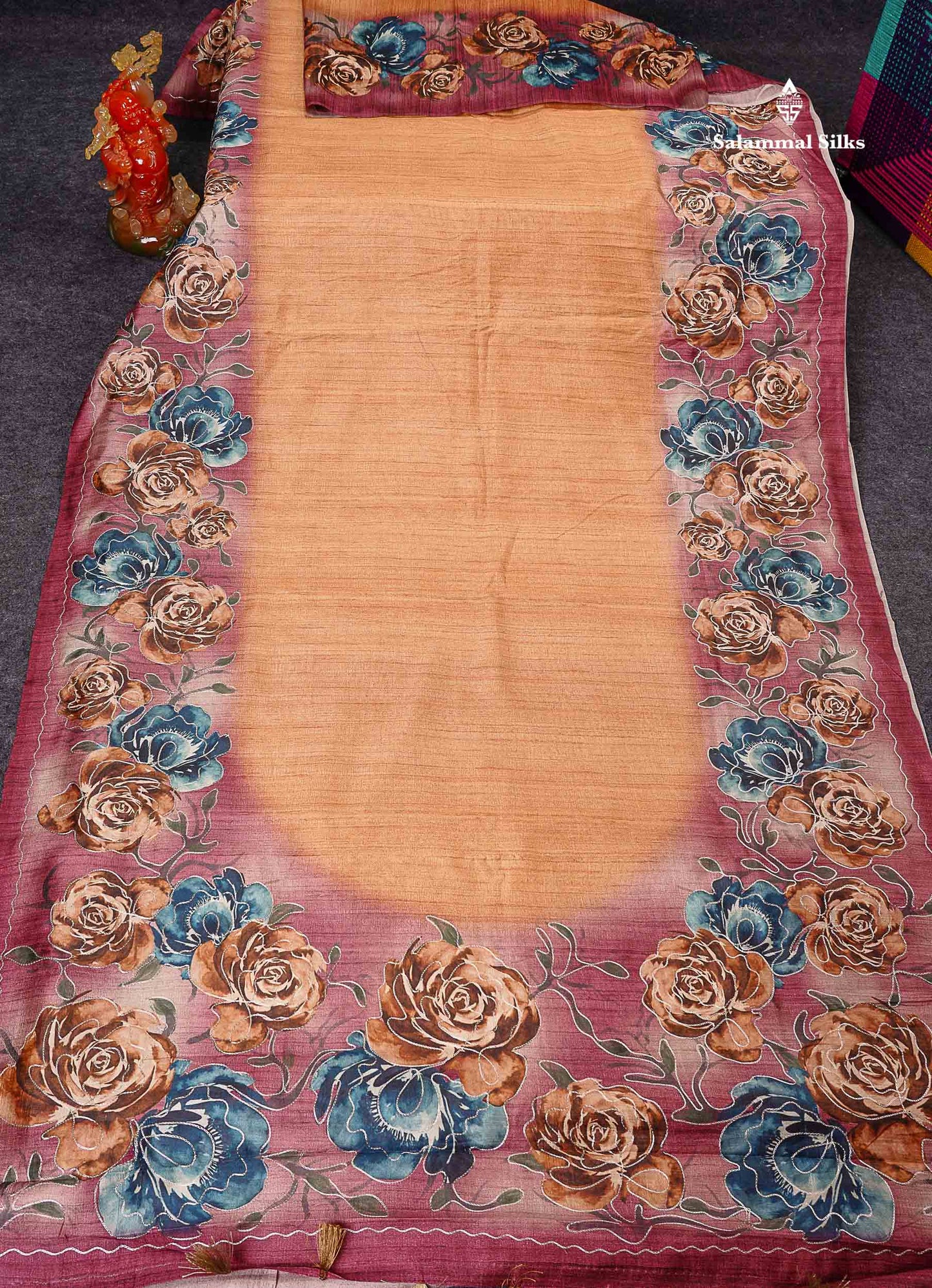 Mustard Yellow Semi Tussar Fancy Saree With Light Maroon Blouse