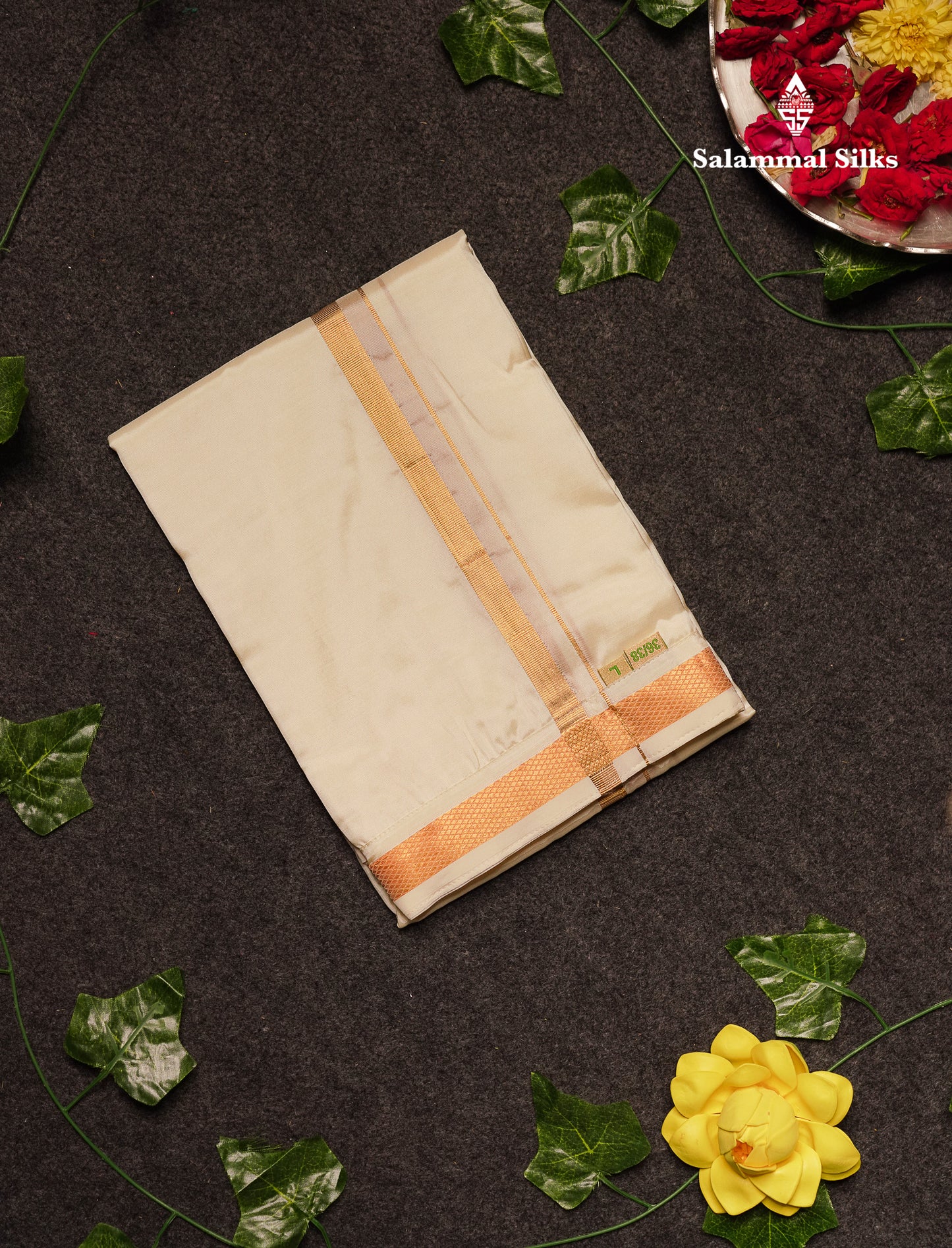 Beautiful Cream White Pure Mix Velcro Pocket Dhoti (36/38) With Gold Zari Border