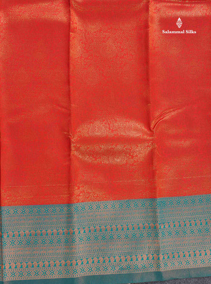 Semi Silk Saree - Orange Colour Body With Contrast Teal Green Evening Morning Border