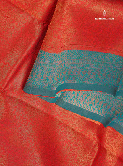 Semi Silk Saree - Orange Colour Body With Contrast Teal Green Evening Morning Border