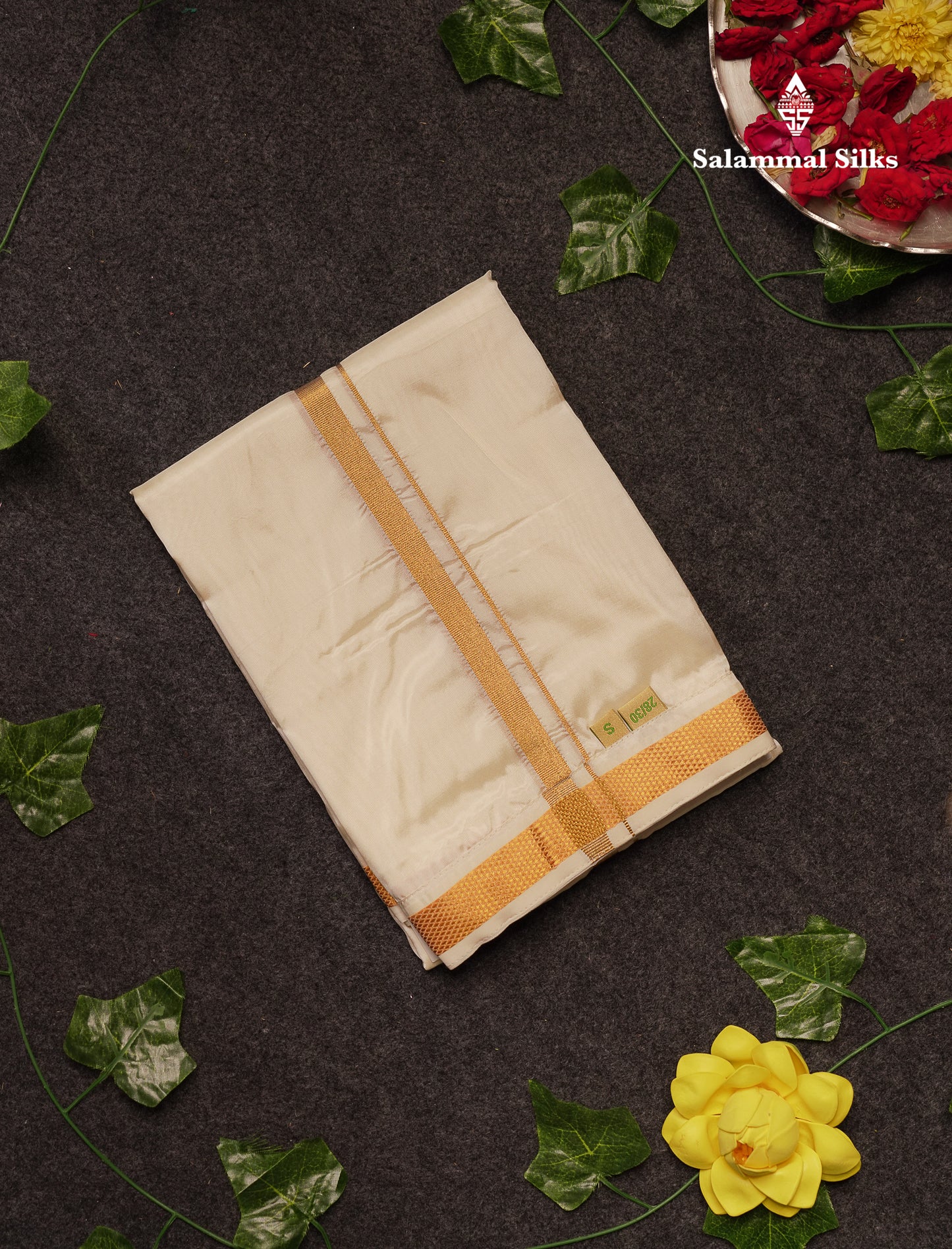 Beautiful Cream White Asha Mix Velcro Pocket (28/30)Dhoti With Gold Zari Border
