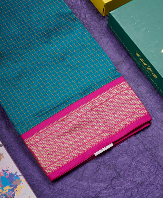9 Yards Semi Silk Saree Peacock Green Colour with Pink Border