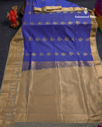 Beautiful Dark Violet Silver & Gold Zari Buttas Semi Silk Saree With Contrast Olive Green Traditional Pallaku Border