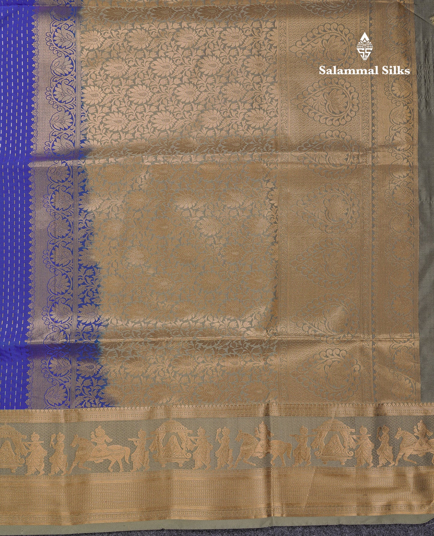 Beautiful Dark Violet Silver & Gold Zari Buttas Semi Silk Saree With Contrast Olive Green Traditional Pallaku Border