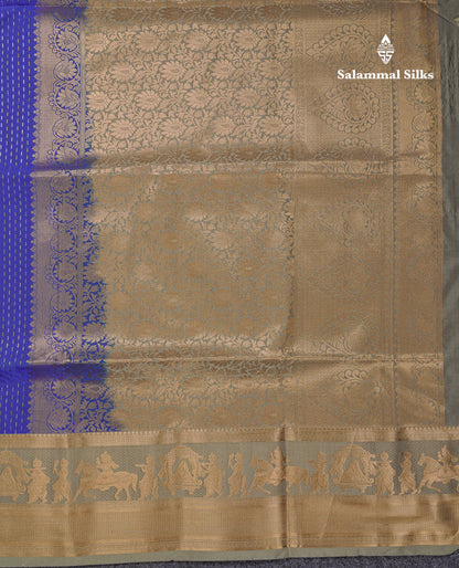 Beautiful Dark Violet Silver & Gold Zari Buttas Semi Silk Saree With Contrast Olive Green Traditional Pallaku Border