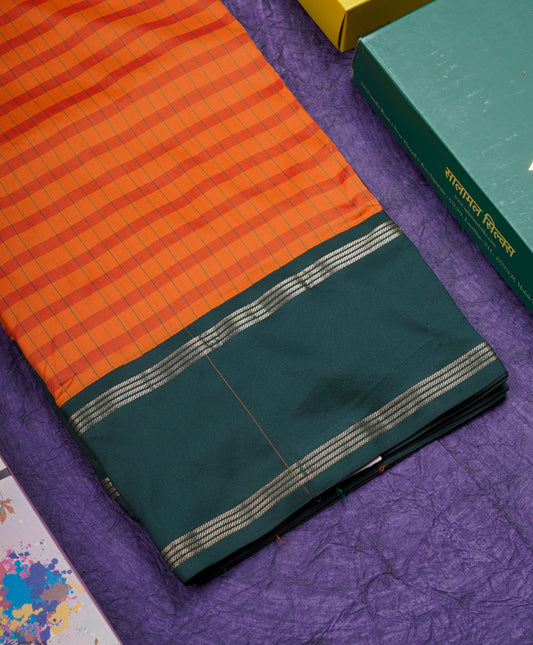 9 Yards Semi Silk Saree Orange & Mango Yellow Colour with Green Double Border