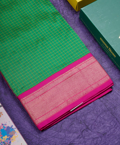 9 Yards Semi Silk Saree Peacock Green Colour with Pink Border