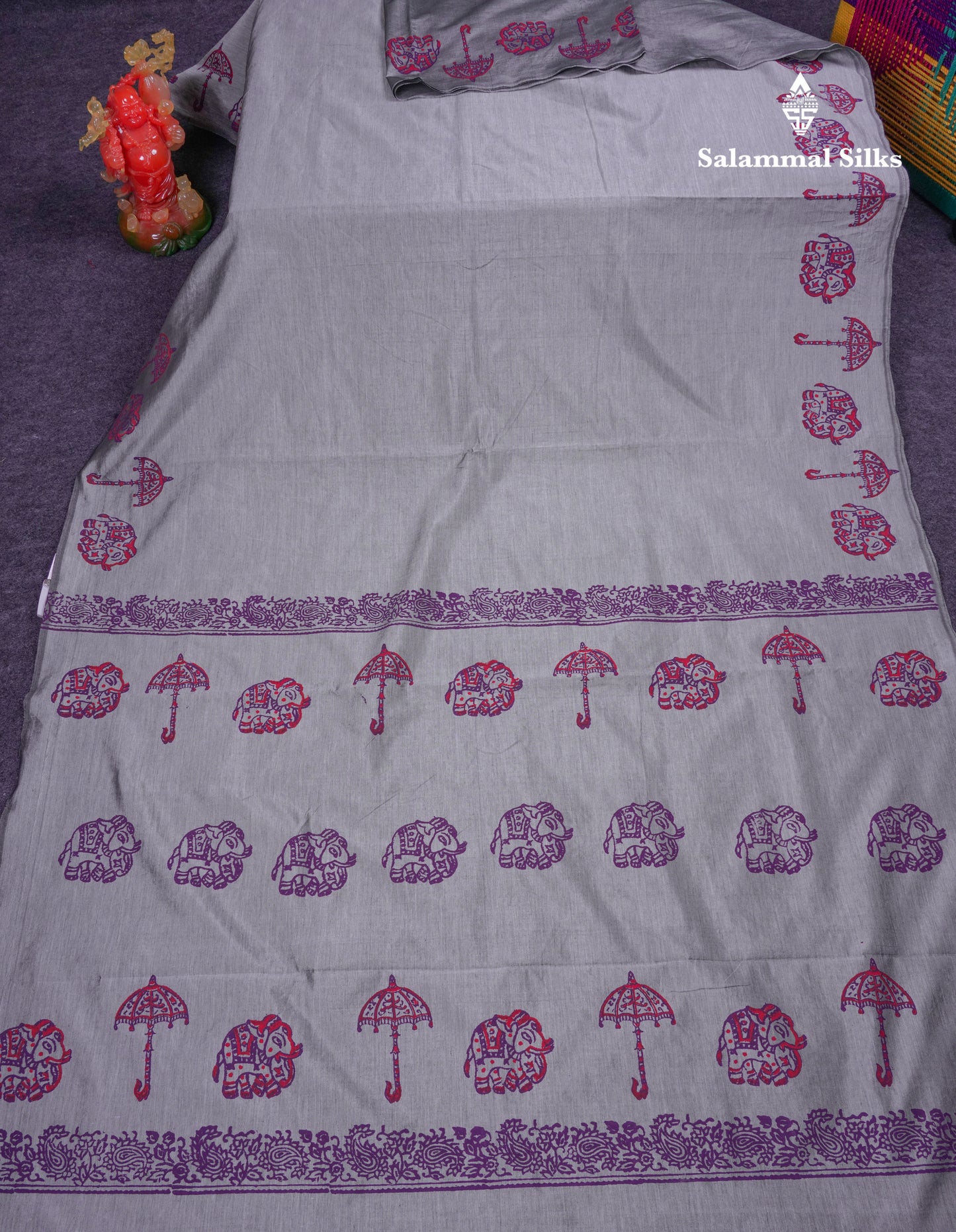 Beautiful Grey White South Cotton Printed Saree With Contrast Dark Purple Blouse