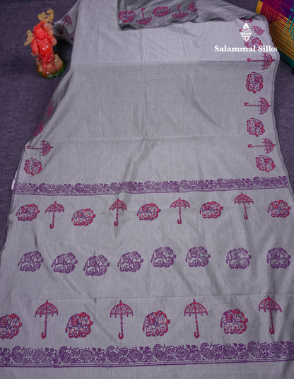 Beautiful Grey White South Cotton Printed Saree With Contrast Dark Purple Blouse