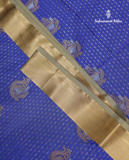 Beautiful Dark Violet Silver & Gold Zari Buttas Semi Silk Saree With Contrast Olive Green Traditional Pallaku Border