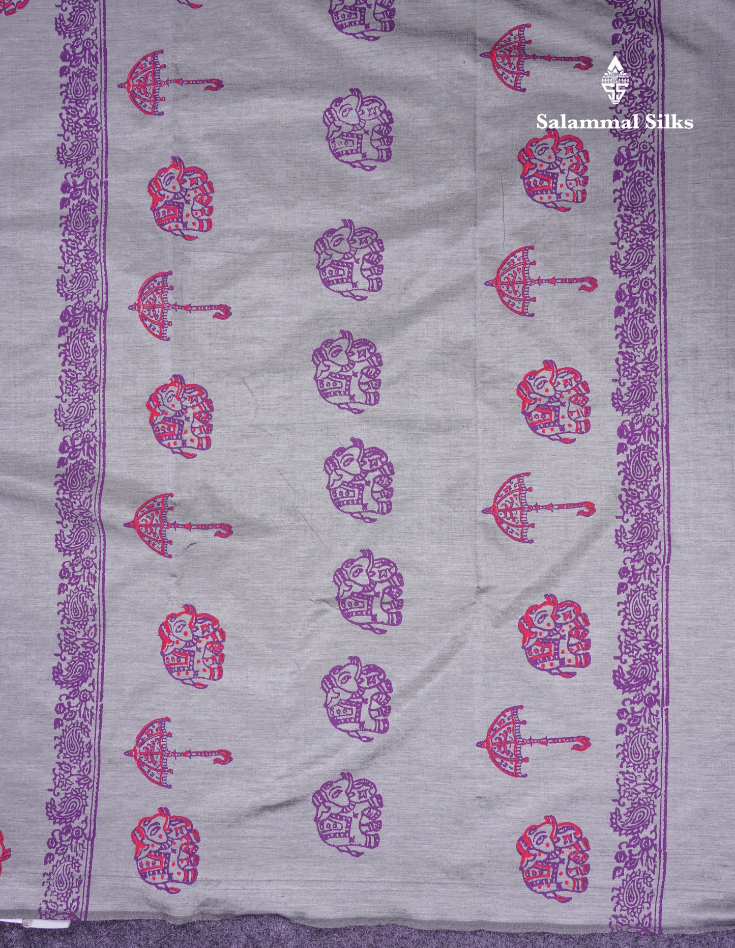 Beautiful Grey White South Cotton Printed Saree With Contrast Dark Purple Blouse