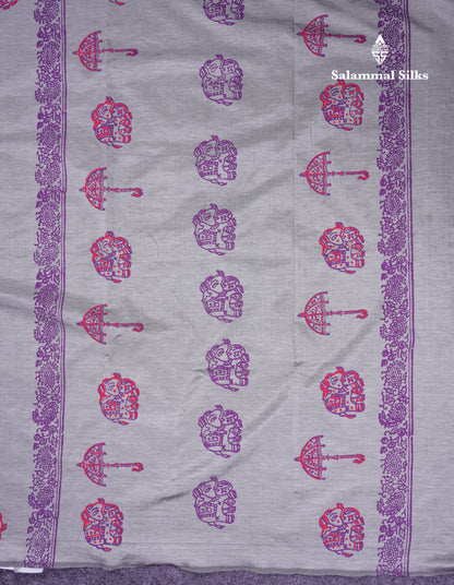 Beautiful Grey White South Cotton Printed Saree With Contrast Dark Purple Blouse