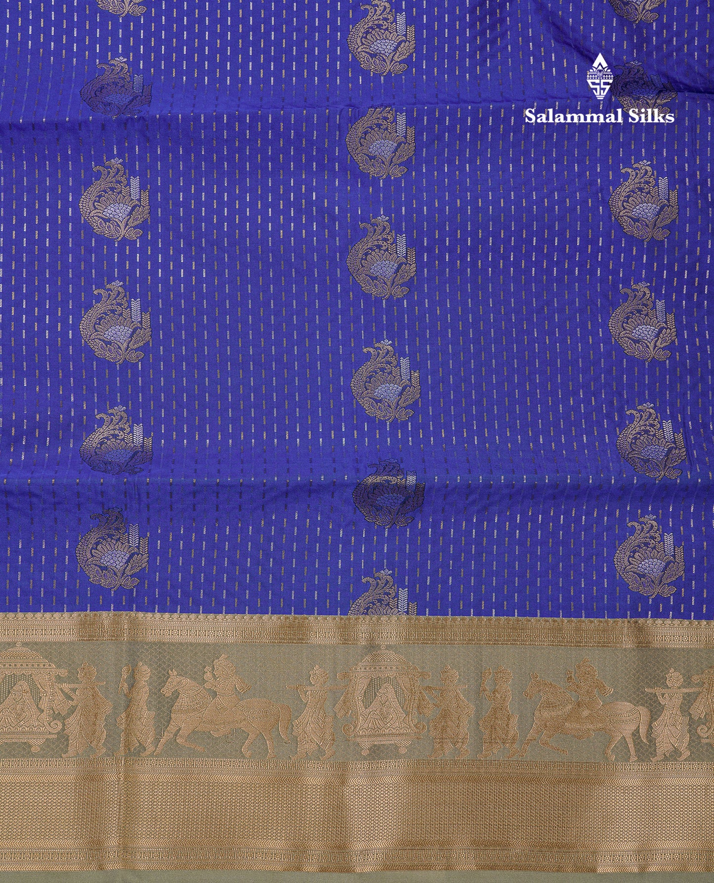 Beautiful Dark Violet Silver & Gold Zari Buttas Semi Silk Saree With Contrast Olive Green Traditional Pallaku Border