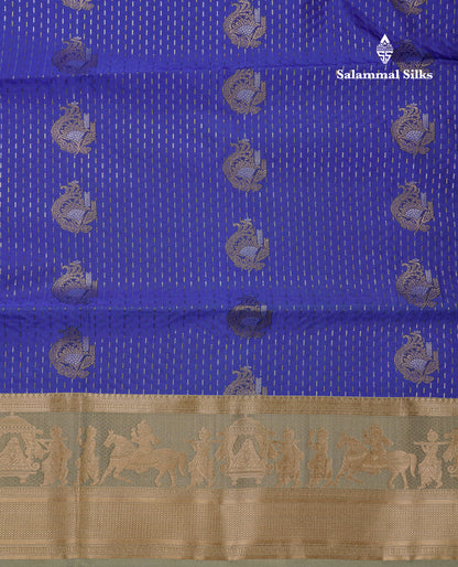 Beautiful Dark Violet Silver & Gold Zari Buttas Semi Silk Saree With Contrast Olive Green Traditional Pallaku Border