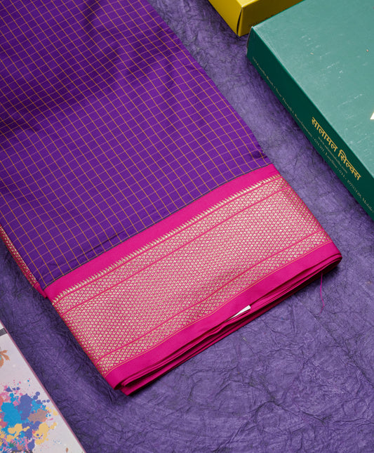 9 Yards Semi Silk Saree Violet Colour with Pink Border