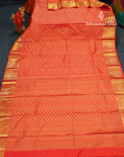 Beautiful Orange Bridal Pure Kanjivaram Silk Saree With Traditional Medium Border