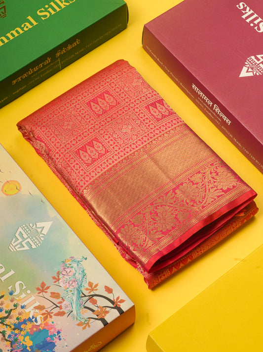 Beautiful Dual Tone Pinkish Orange Pure Kanjivaram Silk Saree With Self Border