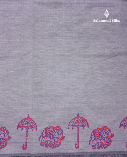 Beautiful Grey White South Cotton Printed Saree With Contrast Dark Purple Blouse
