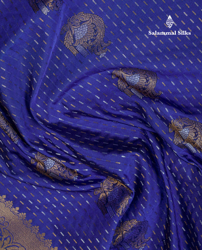 Beautiful Dark Violet Silver & Gold Zari Buttas Semi Silk Saree With Contrast Olive Green Traditional Pallaku Border