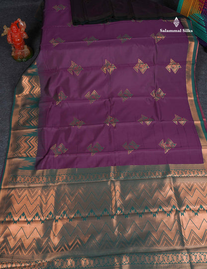Semi Silk Saree - Wine Purple Colour Body With Contrast Bottle Green Traditional Border