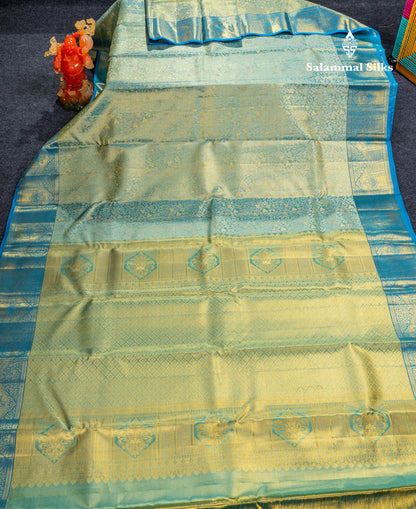 Pastel Blue Tissue Bridal Pure Kanjivaram Silk Saree With Contrast Sky Blue Border