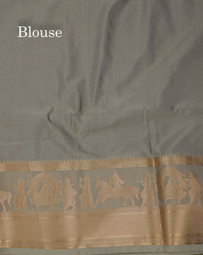 Beautiful Dark Violet Silver & Gold Zari Buttas Semi Silk Saree With Contrast Olive Green Traditional Pallaku Border
