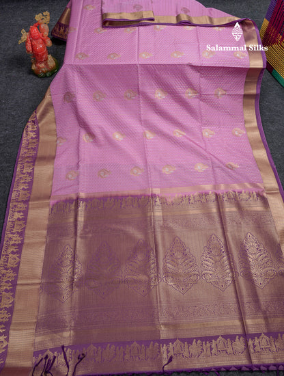 Beautiful Light Pink Silver & Gold Zari Buttas Semi Silk Saree With Contrast Light Violet Traditional Pallaku Border