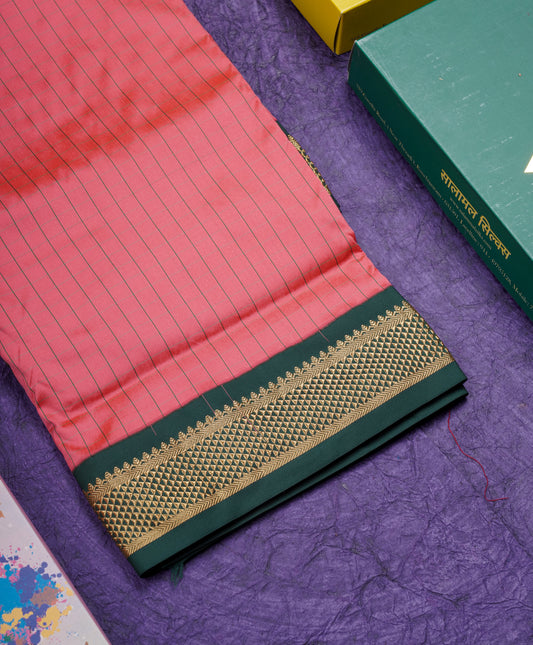 9 Yards Semi Silk Saree Peach Pink Colour with Bottle Green Border